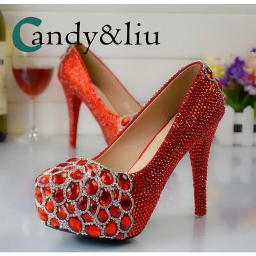 Red Crystal Wedding Shoes High Heel Rhinestone Bridal Pumps with Platform Thin Heel Round Toe for Bridesmaid Party nightclub