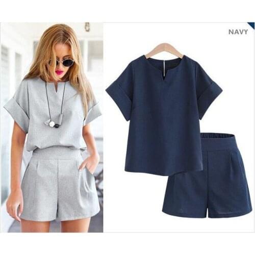 Tops + Shorts 2pcs set Women Outfits Set Short Sleeve Solid Color T-Shirt Hotpant Leisure Sports Fitness Fashion Loose plus Size