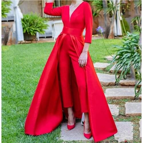 Long Sleeve Red Evening Jumpsuit Gown 2021 Modern V-neck Plus Size Occasion Prom Dress Pant Suit with Detachable Train