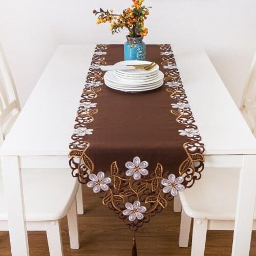 Dark Kahki Embroidery Table Flag Creative European-style Rectangular Tablecloth Household Cloth Table Runner Hollowed-out