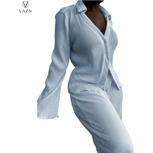 VAZN 2021 Spring Women New Street Casual Style Sets Long Sleeve Lapel Shirt Elastic Long Pants Pure Color Lady Two Piece Sets