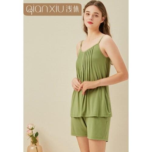 Women Sling Skirt Summer Loose Comfortable Pajama Set Solid Bamboo Fiber Lounge Wear Sleeveless Shorts 2 Piece Sleep Wear 2021