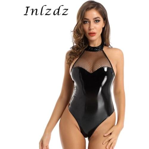 Erotic Lingerie Latex Bodysuit for Womens Patent Leather Halter Mesh Patchwork Backless Zipper Closure Leotard Bodysuit for Sex