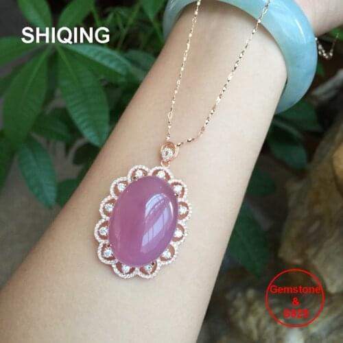 SHIQING 100% Nature pink chalcedony pink big gemstone 20*30mm 925 sterling silver oval flower necklace for women