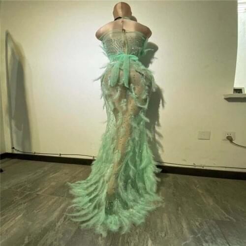 H30 Female sexy sleeveless green mesh feather trailing dress see-through rhinestones elastic skirt party outfit dj costumes club