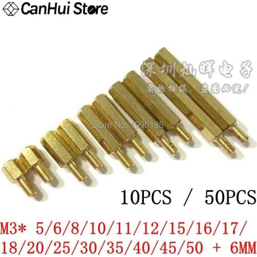 10/50pcs M3 Male + 6mm FemaleHex Brass Standoff Spacer Copper Hexagonal Stud Pillars M3*5/6/8/10/12/15/20/25/30/35/40/45/50+6MM