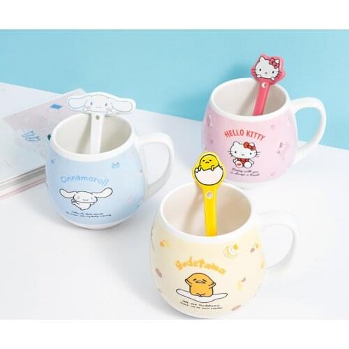 10cm Kawaii Sanrioed HelloKt Mymelody Purin Cinnamoroll Gudetama Cute Girl with Spoon Ceramic Cup Coffee Cup Teacup