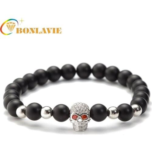 Micro Inlaid Zircon Bracelet Vintage Punk Skeleten Skull Head Natural Stone Beaded Bracelet Bangles Men Male Fashion Jewelry