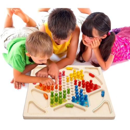 Childrens Educational Wooden Toys Draughts & Flying Chess Checkers Baby Wood Building Blocks Table Challenging Kids' Floor Game