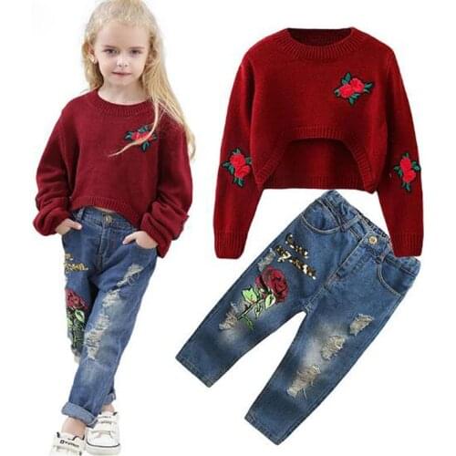 DFXD New Fashion Girls Set 2018 Spring Autumn Girls Clothes Long Sleeve Flower Embroidery Knitted Sweater+Jeans Girls Outfits