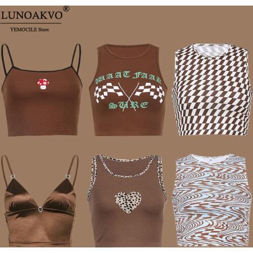 Brown Corset Top Y2K Aesthetic 90s Cute Crop Tops Printed Sleeveless Skinny Women Camis 2021 New Summer Sexy Casual Tees