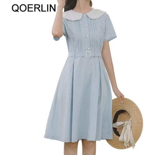 QOERLIN Summer Sweet College Style Blue Pleated Dress Peter Pan Collar Short Sleeve High Waist Dresses with Belt Student Vestido