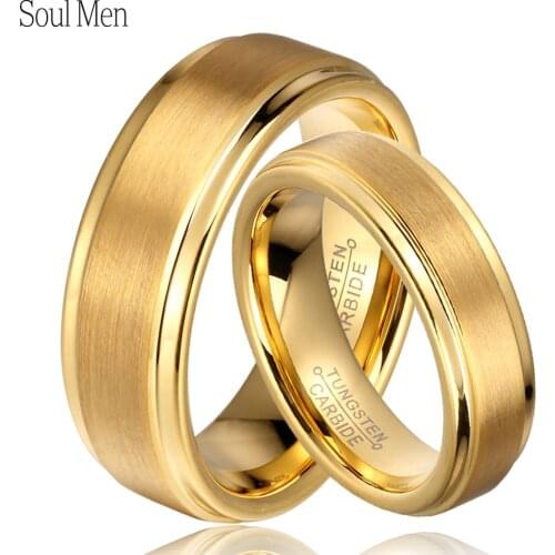 Soul Men 1 Pair 8mm / 6mm Gold Color Tungsten Carbide Engagement Anniversary Marriage Rings Set for His & Her Unique Jewelry