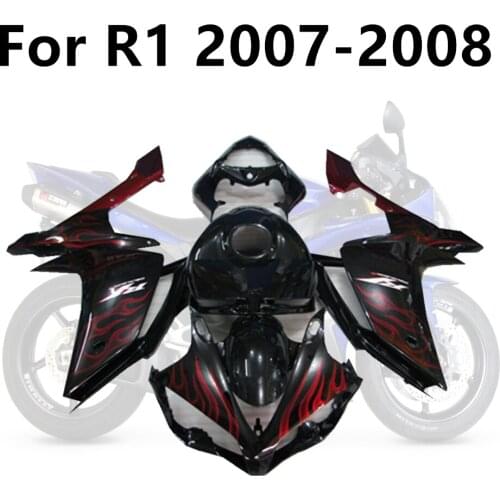 Motorcycle for Yamaha R1 2007-2008 Full Fairing Kits Black Red Flame with Fuel Tank YZF1000 07-08 Bodywork Injection Kit Cowling