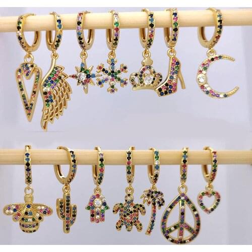 1 piece Small Hoop Earrings Women Heart Bee Moon Cactus Leaf Geometric Tree Star Horse Wing CZ Rainbow Jewelry Gold Color Hoops