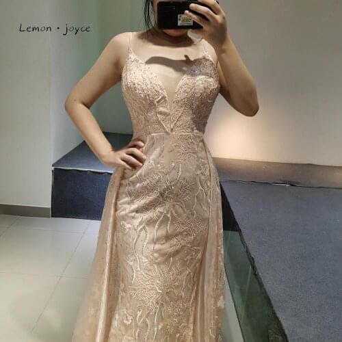 Lemon Joyce Pink Evening Dresses Sexy V-neck Spaghetti Strap Mermaid Formal Evening Gown Embroidery Lace Long Dresses Plus Size