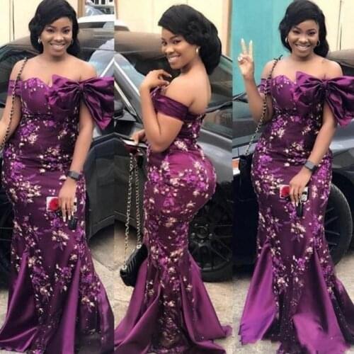 Dark Purple Evening Dresses Lace Appliques Bow Prom Dress Plus Size robe de soiree Elegant Evening Gowns Off Shoulder Custom