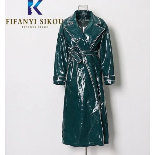 Streetwear Fashion PU Trench Coat Women 2021 New Autumn Lapel Long Sleeve High Quality Faux Leather Slim Long Trench Coat Female