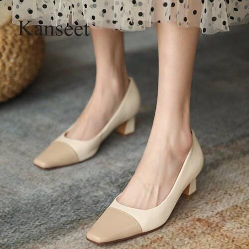 Kanseet New Women Pumps Spring Autumn Square Toe Patchwork Genuine Leather High Quality Concise Handmade 3 Colors Mid Heel Shoes
