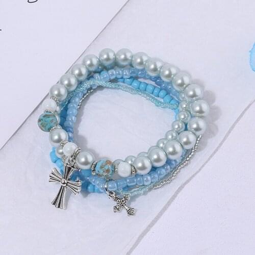 Vintage Imitation Pearls Alloy Cross Bracelet & Bangle For Women Ethnic Bohemian Multilayer Beads Bracelet Set Female Jewelry