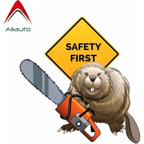SZWL Funny Warning Car Sticker Safety First Beaver with A Chainsaw Decal Fashion 3D Decoration Vinyl Bumper Stickers,13cm*12cm