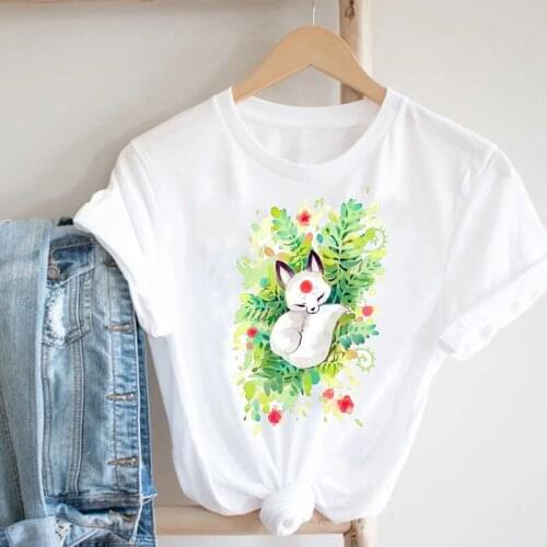Women Clothing Watercolor Plant New Trend Kawaii Cartoon Animal Cute 90s Clothes Print Tee Top Tshirt Female Graphic T-shirt