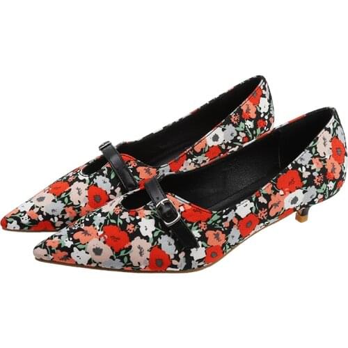Womens Pointy Toe Printed Floral Mixed Colors Stilettos Low Kitten Heel Shoes Pumps Sandals Bohemia Leather New 2021