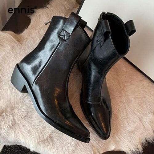 ENNIS Womens Ankle Boots 2021 Brand Pointed Toe Western Boots Thick Heel Autumn Winter Designer Ladies Black Brown Zip Shoes