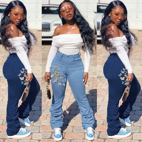 FNOCE 2020 new womens jeans pants fashion trends elegatn Butterfly embroidery solid high waist tight stretch slim denim pants