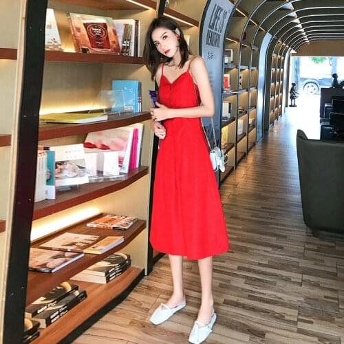 2019 Spring Sleeveless sling Gauze Lace Women Tunic Basic Long Summer Dress