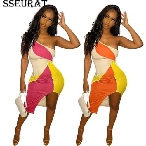 SSEURAT Women Mini Dress Patchwork One Shoulder Strap Skew Collar Strechy Bodycon Asymmetrical Dresses Sexy Outfit Summer