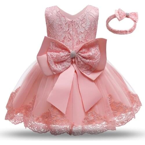 Female Baby Dress Pink 1 Year Birthday Party Dress with Headband Big Bow Baby Girls Clothes Lace Toddler Girls Wedding Dress