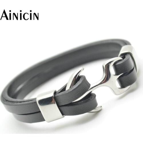 5pc High Quality Double Rows Stainless Steel Anchor Bracelet 8 Inches Genuine Leather Bangles Fashion Men Jewelry