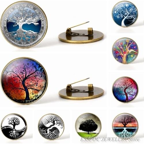 Tree of Life Simple Style Brooches Glass Cabochon Jewelry Bronze Art Brooches Paintings Life Tree Pins Jewelry for Women Gifts
