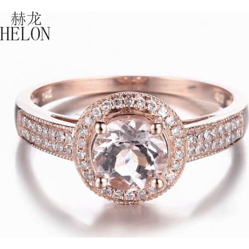 HELON Real 14K Rose Gold Round Cut 6.5MM Genuine Natural Morganite & Diamond Engagement Wedding Ring For Women Exquisite Jewelry