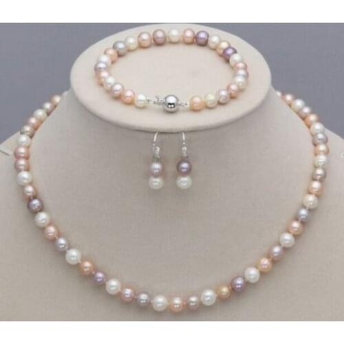 Wedding women Jewelry Set 18'' 8-9mm AAA Natural Freshwater Pearl Colorful Necklace Bracelet Hook Earring Free Box