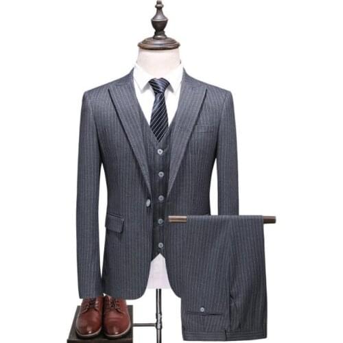 Jacket+Vest+Pants) 2019 Spring Fashion Stripe Grey Single Button Men Suits Classic Suits Mens Business Wedding Suit Men Blazer
