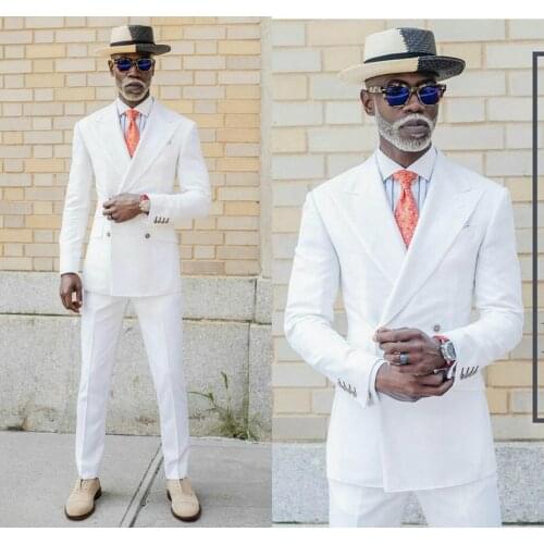 Fashion Mens Wedding Tuxedos White Beach Peaked Lapel Double Breasted Groom Designer Jacket Formal Party Prom Wear (Jacket+Pants