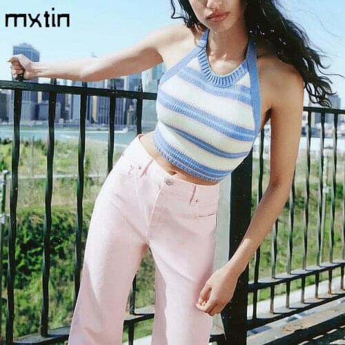 MXTIN 2021 Women Sweet Sexy Cropped Knit Tank Tops Vintage Striped Halter Neck Backless Bow Tied Female Camis Mujer