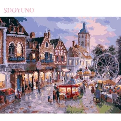 SDOYUNO DIY painting by number kit with frame for adults town landscape oil HandPainted art supplies Unique Gift For Home Decor