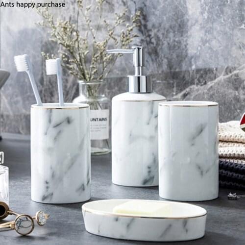 Gray Marbling Bathroom Set Ceramics Lotion Bottle Mouth Cup Soap Dish Plastic Rectangular White Tray Bathroom Five piece set