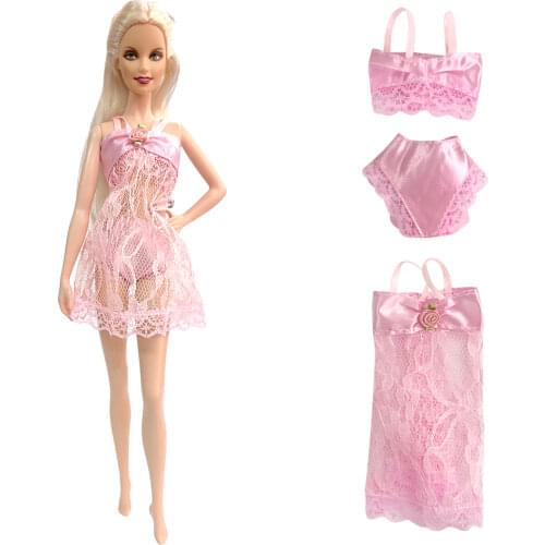 NK 3 Items/ Set Pink Pajamas Gown Underwear Lingerie Bra Lace Dress Clothes For Barbie Dolls Accessories Gift For Child 028B