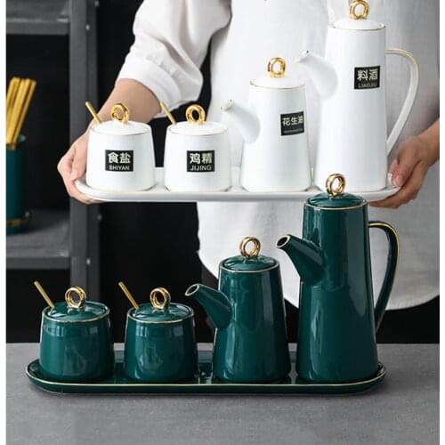 Nordic Household Oil Bottle with Lid Ceramic Seasoning Jar Sugar Jar Kitchen Grain Dispenser Storage Tray Seasoning Bottle Set