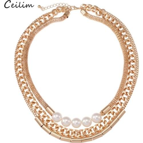 High Quality Gold Color Big Layered Chunky Necklaces Women Fashion Metal Chain Simulated Pearl Choker Necklace Wedding Jewelry