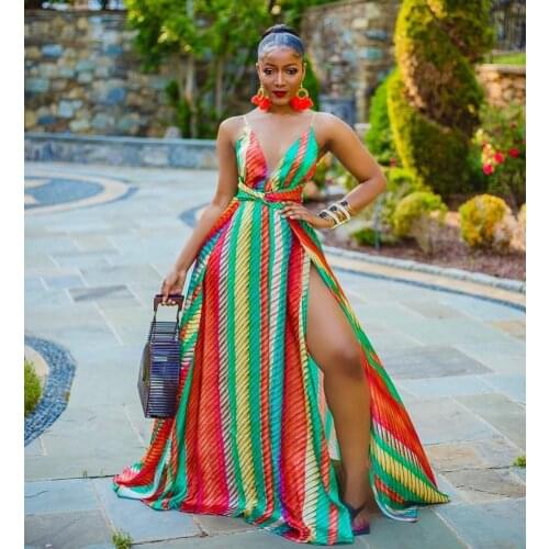 Striped Spaghetti Strap Summer Beach Style Maxi Dress Colorful Print Slit Maxi Dress Vestidos