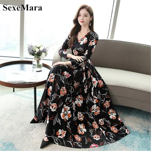 Casual dress 2019 autumn and winter new temperament print waist slim fashion V-neck long-sleeved dress