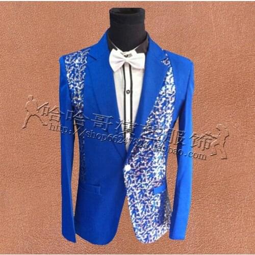 Blue Clothes Men Sequins Suits Designs Masculino Homme Terno Stage Singers Slim Jacket Mens Blazer Dance Star Style Dress Punk