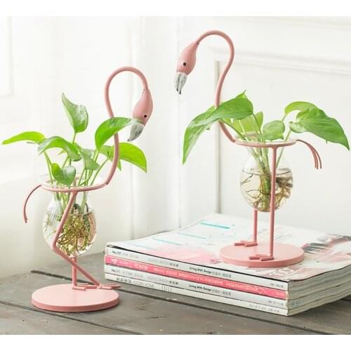 Flamingo Shape Glass Tabletop Plant Bonsai Vase Metal Flower Pot Wedding Christmas Home Decoration Accessory 3 Types