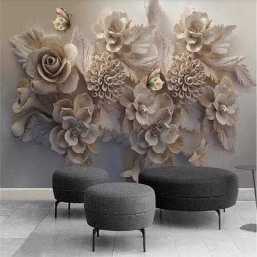 Custom wallpaper three-dimensional relief 3D flowers butterfly TV background wall decoration waterproof quality materials