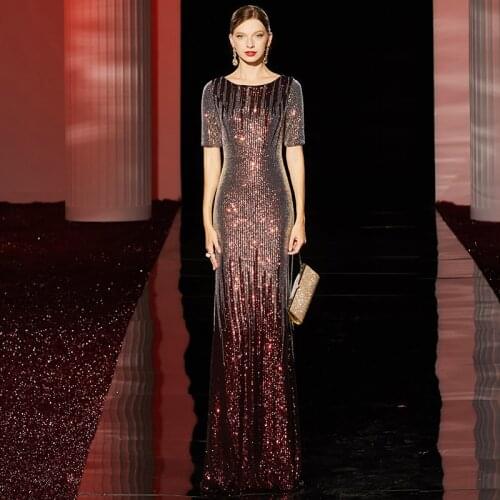 Wei yin AE0479 Formal Evening Dresses 2021 New Mermaid O Neck Short Sleeve Sequined Tulle Long Party Gowns Robe Soiree